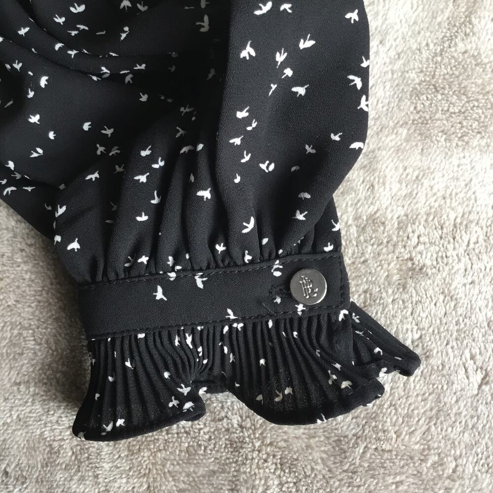 Lauren Ralph Lauren Pleated Long Sleeve Chiffon Black/White Birds Blouse Sz PXS - Picture 8 of 9